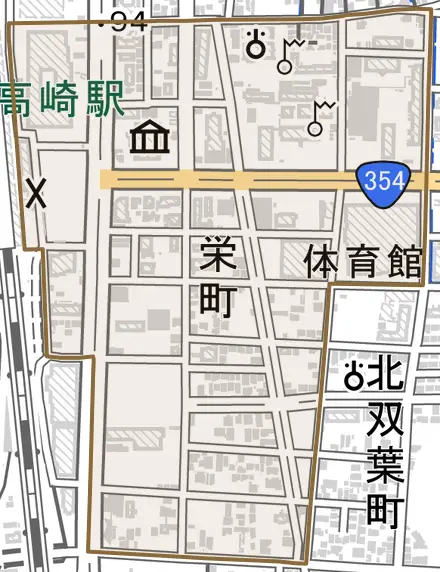 栄町とその周辺の地図。町の範囲を重ねている