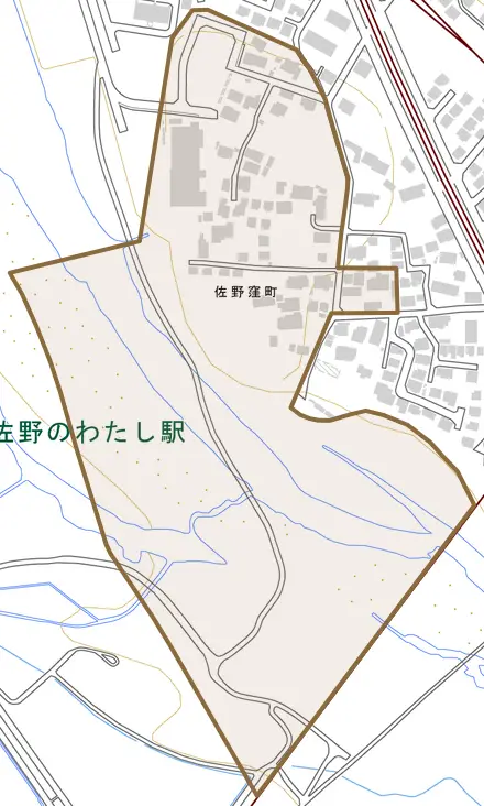 佐野窪町とその周辺の地図。町の範囲を重ねている