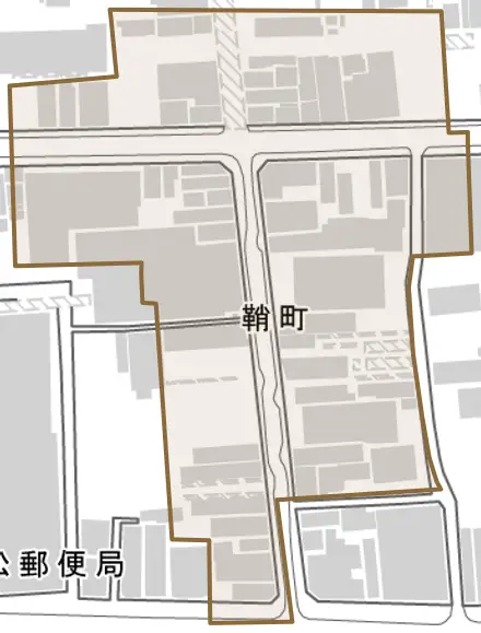 鞘町とその周辺の地図。町の範囲を重ねている
