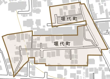 堰代町とその周辺の地図。町の範囲を重ねている