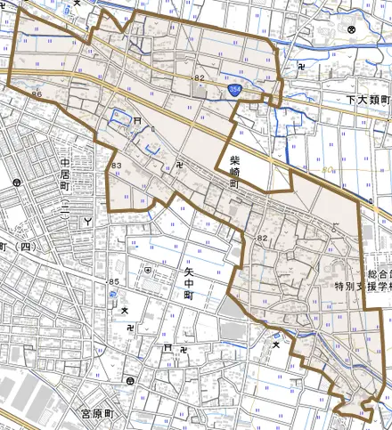 柴崎町とその周辺の地図。町の範囲を重ねている