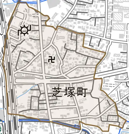 芝塚町とその周辺の地図。町の範囲を重ねている