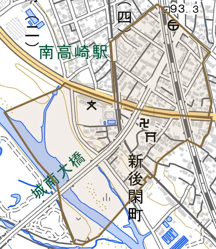 新後閑町とその周辺の地図。町の範囲を重ねている