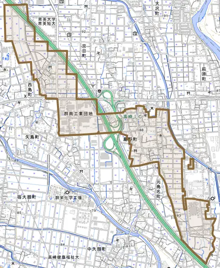 島野町とその周辺の地図。町の範囲を重ねている