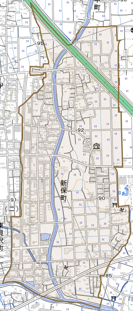 新保町とその周辺の地図。町の範囲を重ねている