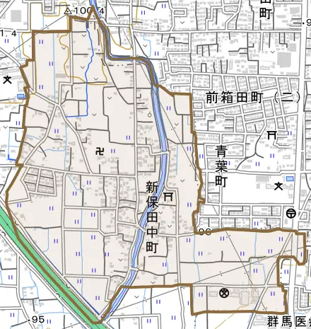 新保田中町とその周辺の地図。町の範囲を重ねている