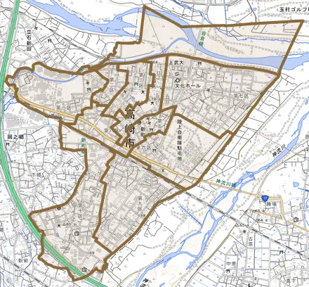 新町とその周辺の地図。町の範囲を重ねている