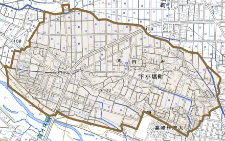 下小塙町とその周辺の地図。町の範囲を重ねている