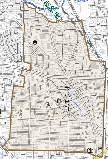 下小鳥町とその周辺の地図。町の範囲を重ねている