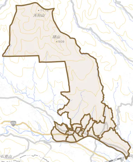 下室田町とその周辺の地図。町の範囲を重ねている