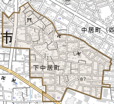 下中居町とその周辺の地図。町の範囲を重ねている