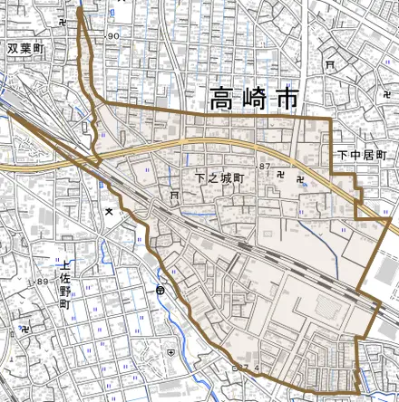 下之城町とその周辺の地図。町の範囲を重ねている