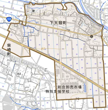 下大類町とその周辺の地図。町の範囲を重ねている