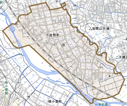 下佐野町とその周辺の地図。町の範囲を重ねている