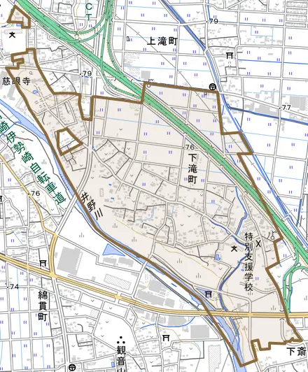 下滝町とその周辺の地図。町の範囲を重ねている