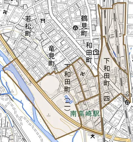 下和田町とその周辺の地図。町の範囲を重ねている