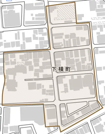下横町とその周辺の地図。町の範囲を重ねている