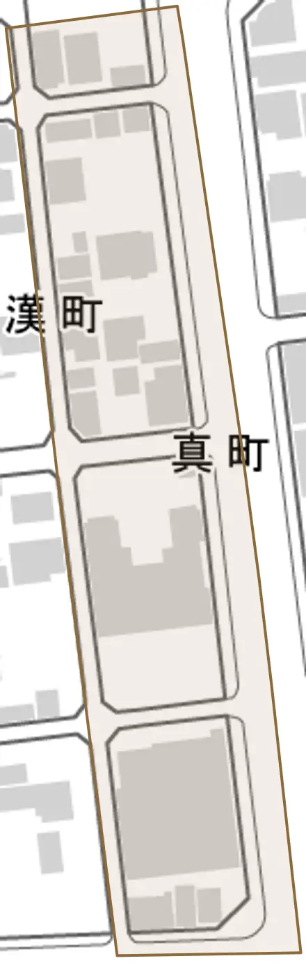 真町とその周辺の地図。町の範囲を重ねている