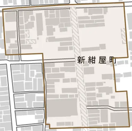 新紺屋町とその周辺の地図。町の範囲を重ねている