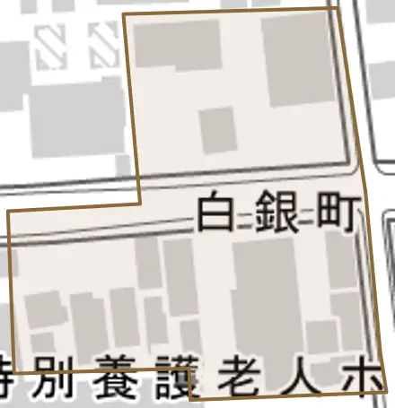白銀町とその周辺の地図。町の範囲を重ねている