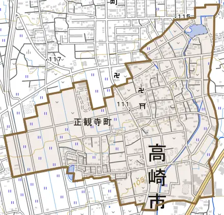 正観寺町とその周辺の地図。町の範囲を重ねている