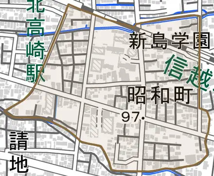 昭和町とその周辺の地図。町の範囲を重ねている