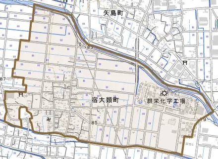 宿大類町とその周辺の地図。町の範囲を重ねている