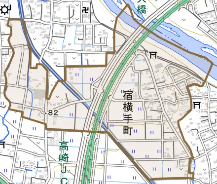 宿横手町とその周辺の地図。町の範囲を重ねている