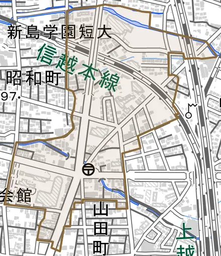 末広町とその周辺の地図。町の範囲を重ねている