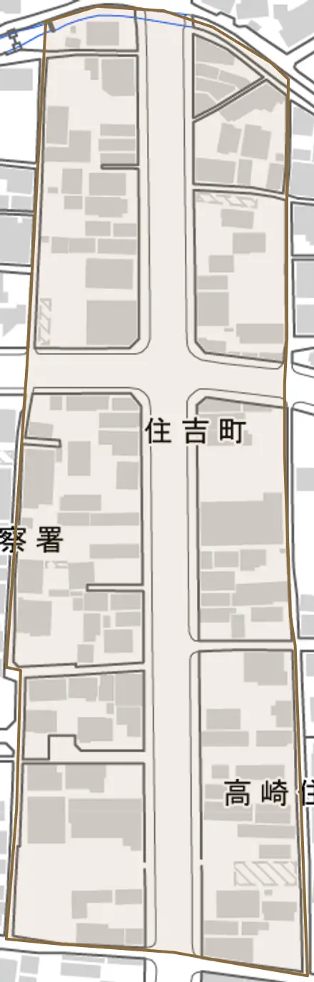 住吉町とその周辺の地図。町の範囲を重ねている