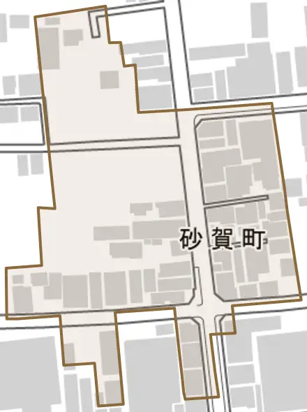 砂賀町とその周辺の地図。町の範囲を重ねている