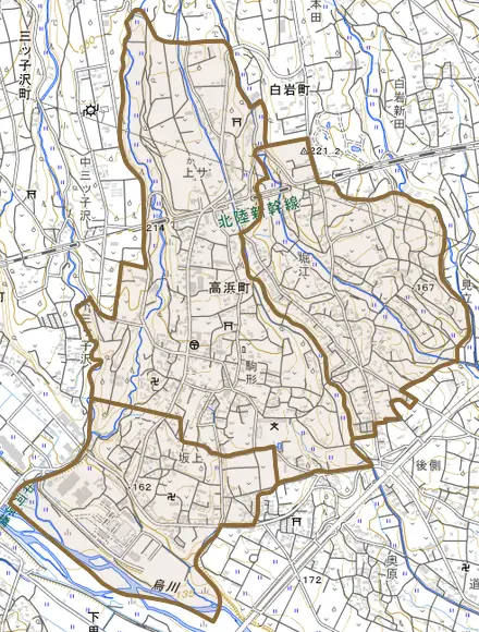高浜町とその周辺の地図。町の範囲を重ねている