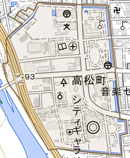 高松町とその周辺の地図。町の範囲を重ねている
