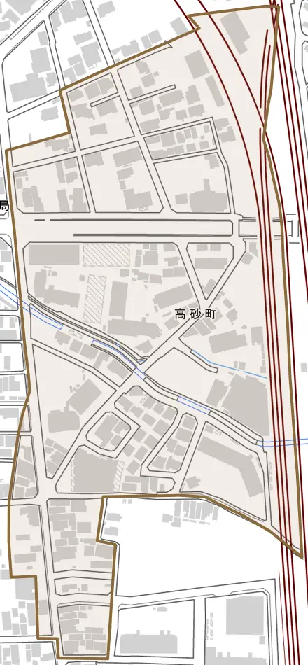高砂町とその周辺の地図。町の範囲を重ねている