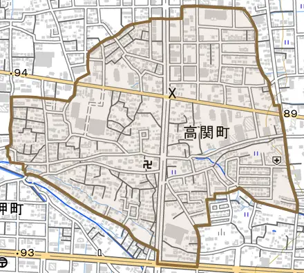 高関町とその周辺の地図。町の範囲を重ねている