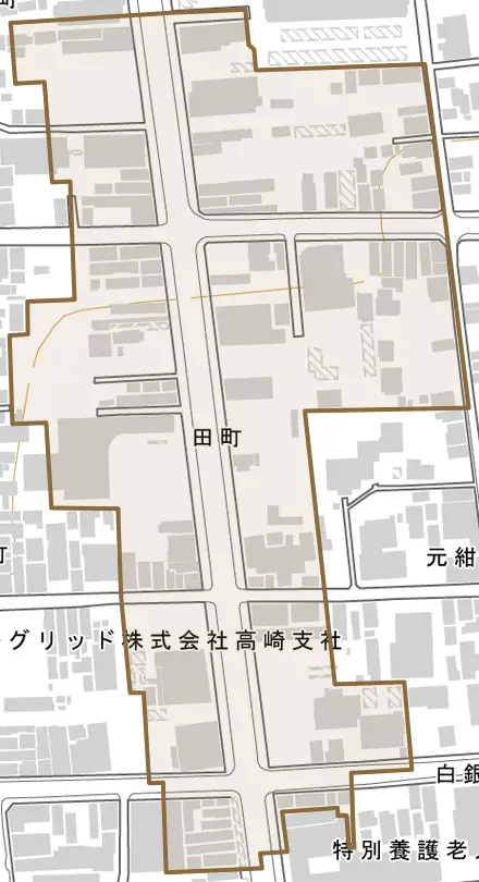 田町とその周辺の地図。町の範囲を重ねている