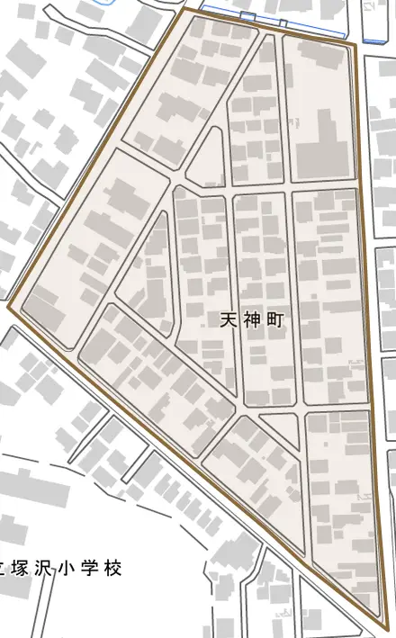 天神町とその周辺の地図。町の範囲を重ねている