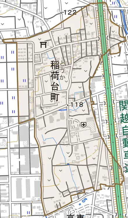 稲荷台町とその周辺の地図。町の範囲を重ねている