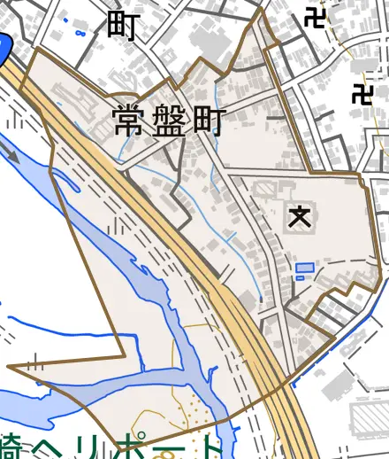 常盤町とその周辺の地図。町の範囲を重ねている