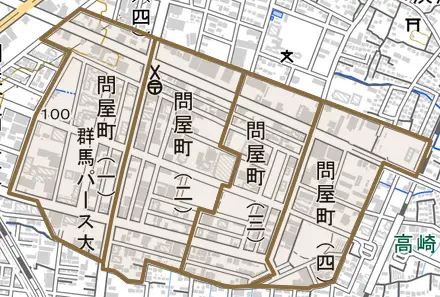問屋町とその周辺の地図。町の範囲を重ねている