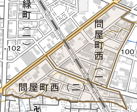 問屋町西とその周辺の地図。町の範囲を重ねている