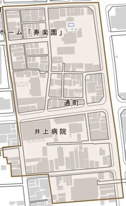 通町とその周辺の地図。町の範囲を重ねている