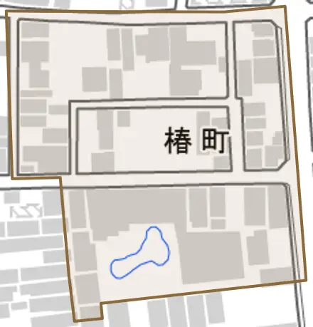 椿町とその周辺の地図。町の範囲を重ねている