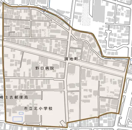 請地町とその周辺の地図。町の範囲を重ねている