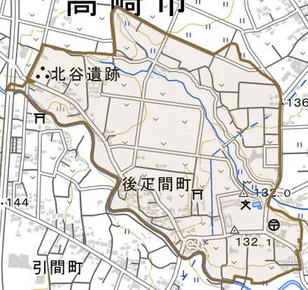 後疋間町とその周辺の地図。町の範囲を重ねている