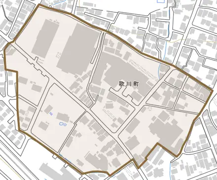 歌川町とその周辺の地図。町の範囲を重ねている