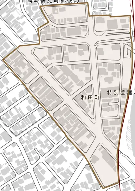和田町とその周辺の地図。町の範囲を重ねている