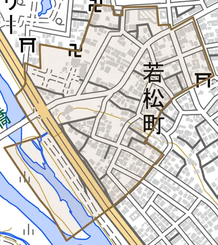 若松町とその周辺の地図。町の範囲を重ねている