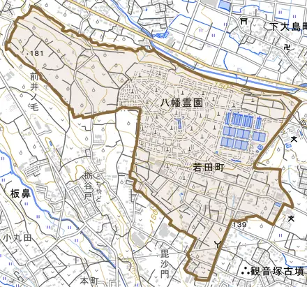 若田町とその周辺の地図。町の範囲を重ねている