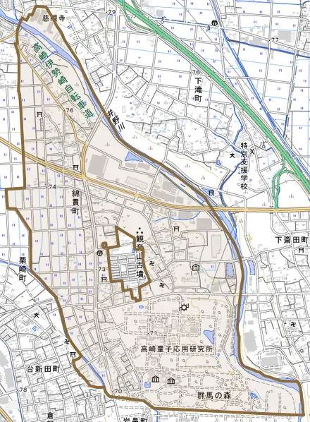 綿貫町とその周辺の地図。町の範囲を重ねている